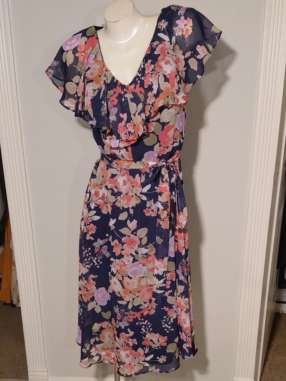 Floral Navy Ruffle V-Neck Dress